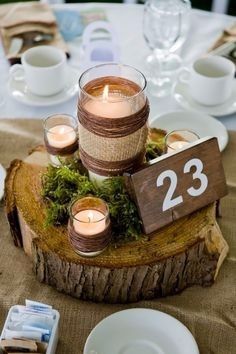 Simple wooden slab centerpiece