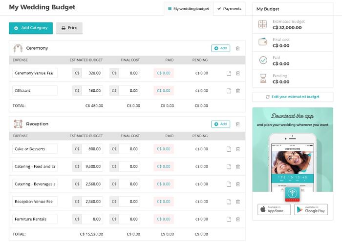 Make a first breakdown of your budget