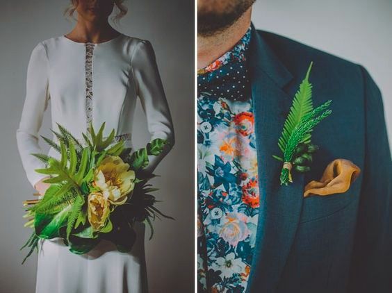 Matching tropical bouquet and boutonniere