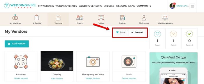 See vendors you booked or saved