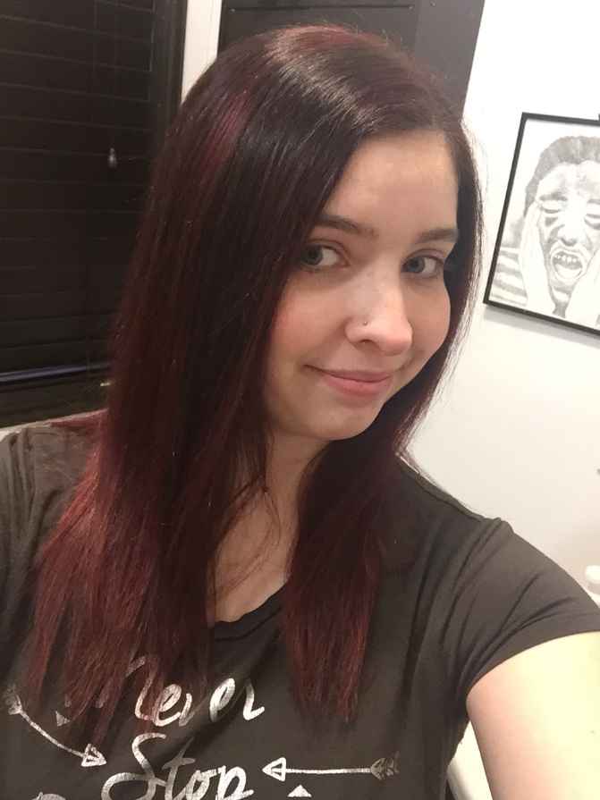 Before: vibrant red hair (natural dark brown)