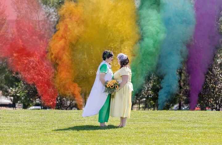 rainbow smoke bombs abd two brides