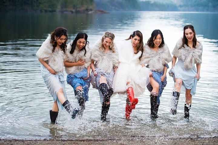 bridesmaids in the rain in a late rain boots