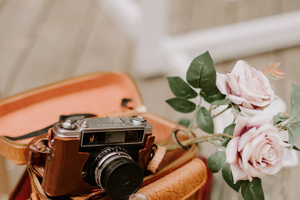 Camera and vintage bottles