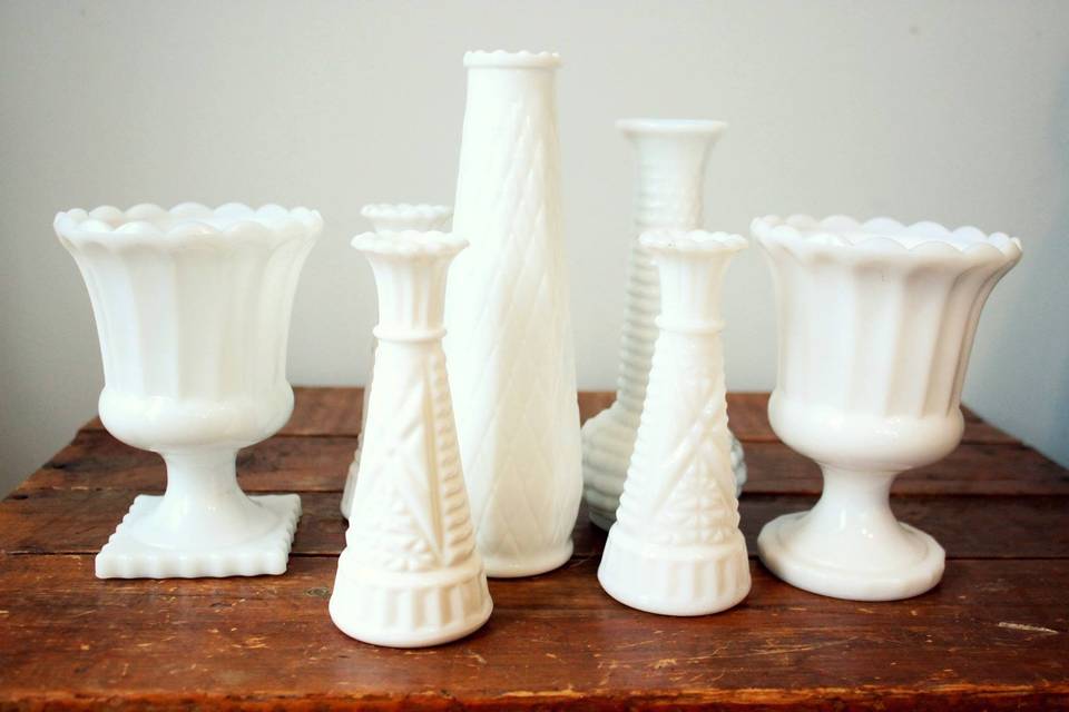 Milk bud vases and bowls