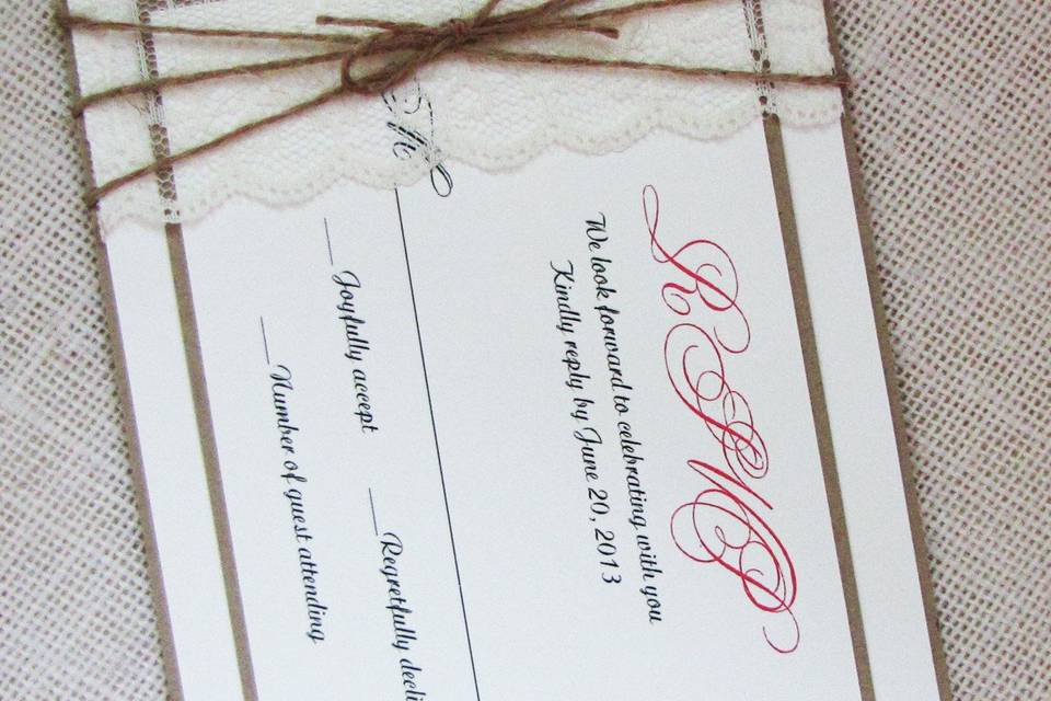 Rustic Wedding Invitation, Vintage Lace - Cotton Willow Design Co.