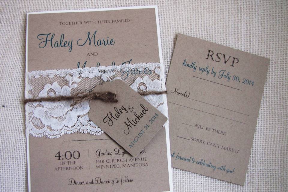 Rustic Wedding Invitation, Vintage Lace - Cotton Willow Design Co.