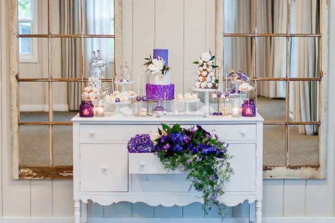 Purple white sweet table