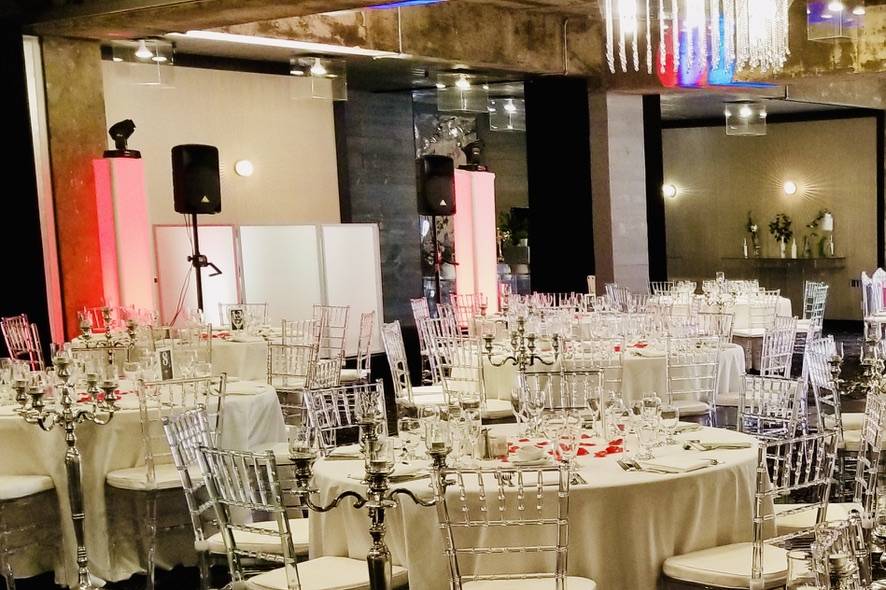 Wedding reception room with DJ sound and lighting