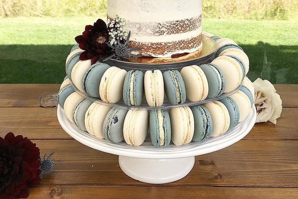 A cake and macarons