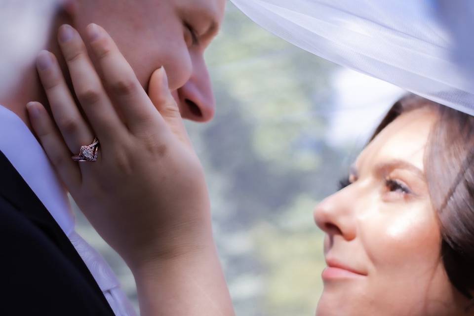 Bride and groom under veil