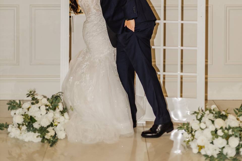 Bride and groom in phone booth