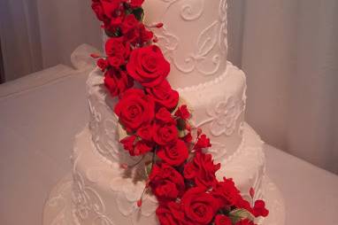 Custom red floral romantic wedding cake