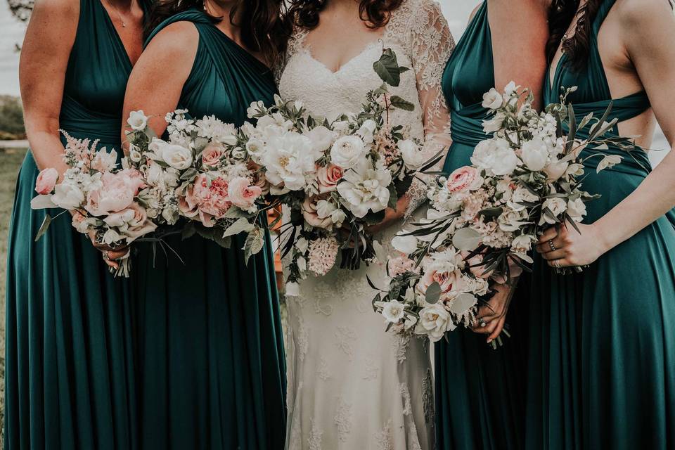 Bridesmaids with bouquet