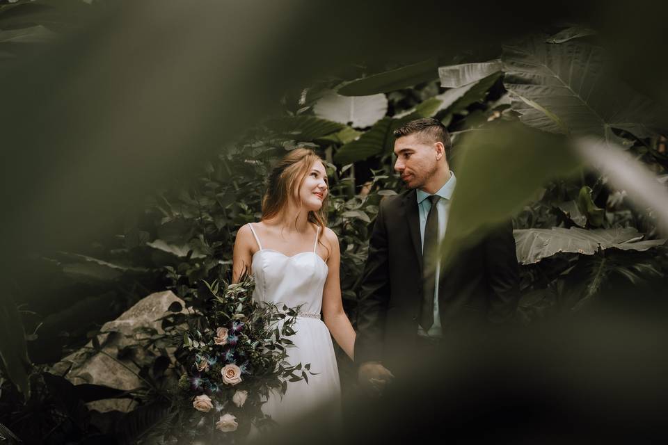 Newlyweds through the leaves