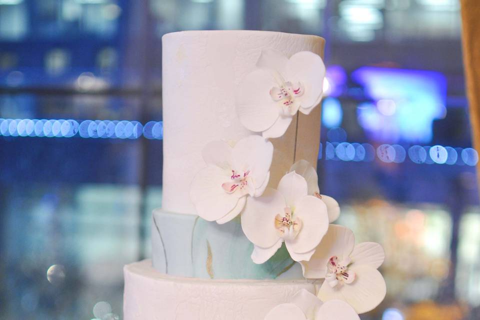 Cascading sugar orchids cake