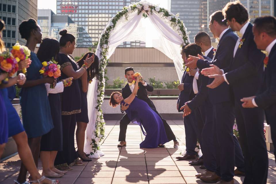 Rooftop patio wedding dinner