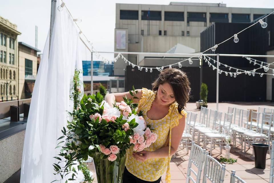 Rooftop patio wedding dinner