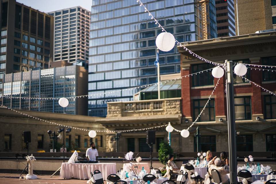 Rooftop patio wedding dinner