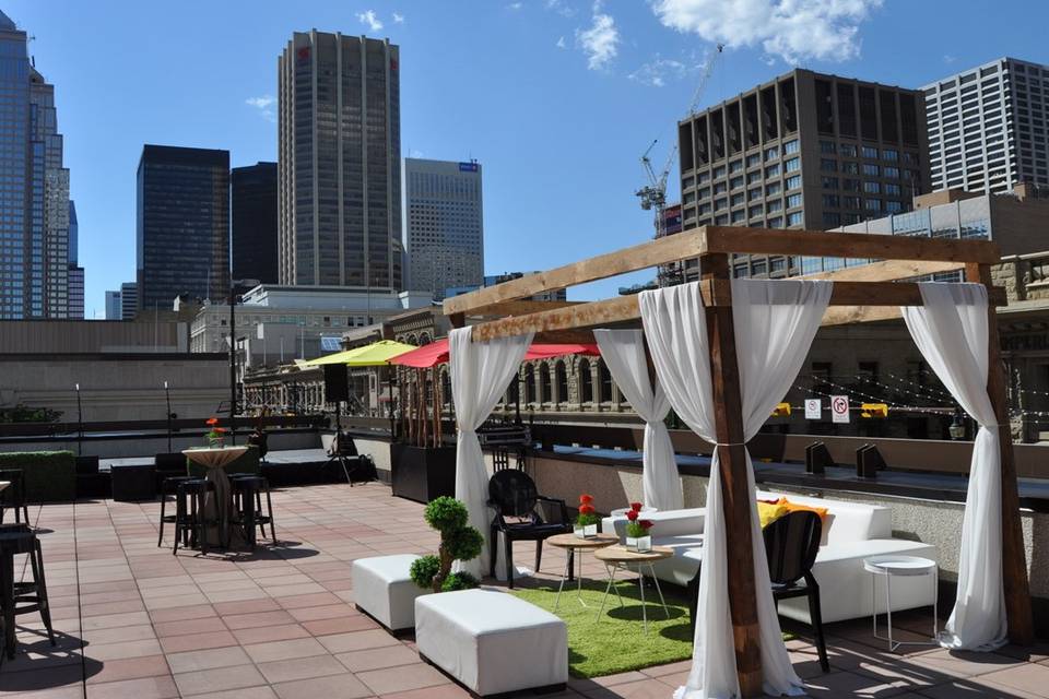 Rooftop wedding cocktail area