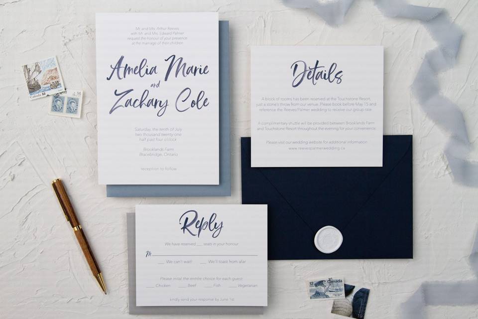 Navy watercolour invitations