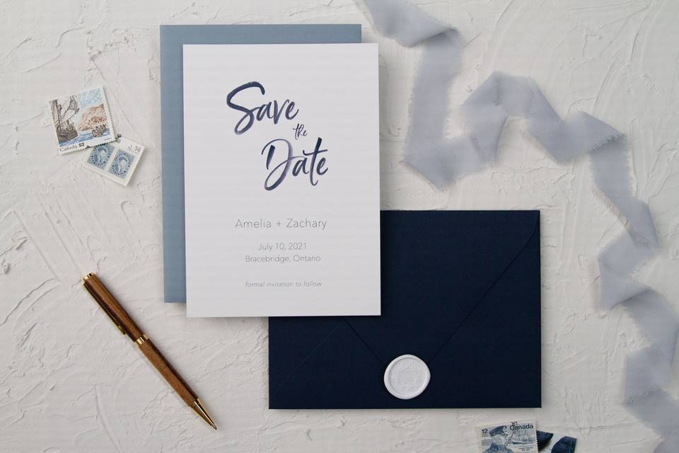 Navy script save-the-dates