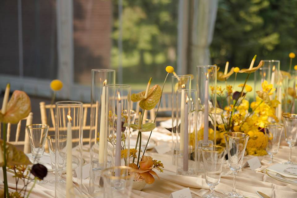 Mustard and burgundy table
