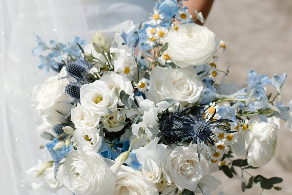 Pale blue and white bride bouq