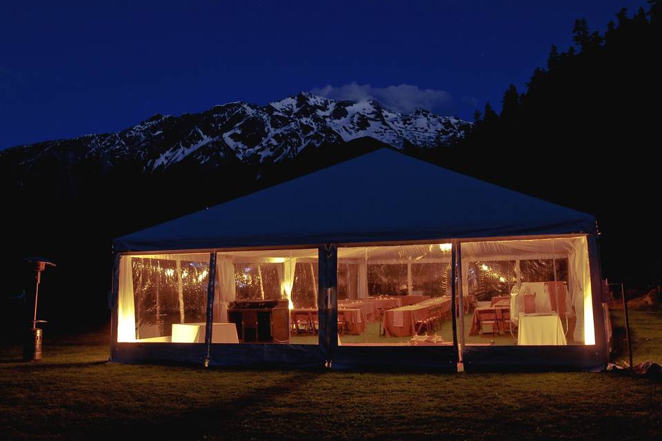 Framed tent at night