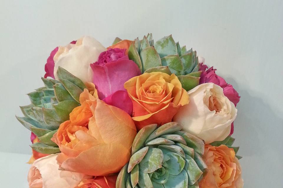 CORAL HOT PINK PEACH ROSE AND SUCCULENT BOUQUET.jpg