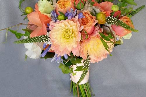 CORAL PEACH AND BLUE DAHLIA ROSE GLADIOLA LYSMACHIA BRIDAL BOUQUET 500.jpg