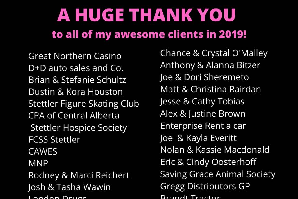 Thank you 2019 Clients!