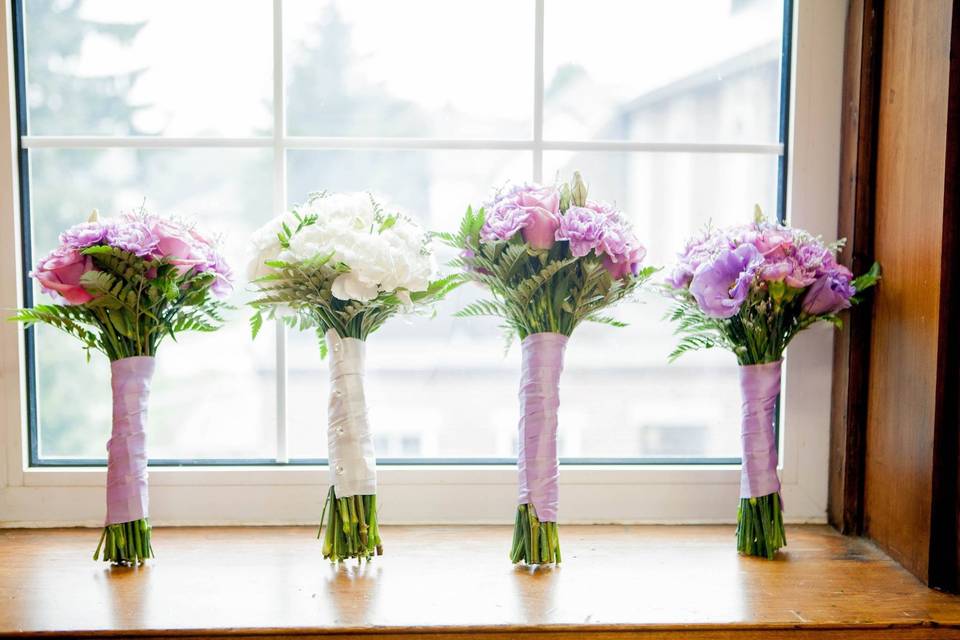 Purple and white bouquets