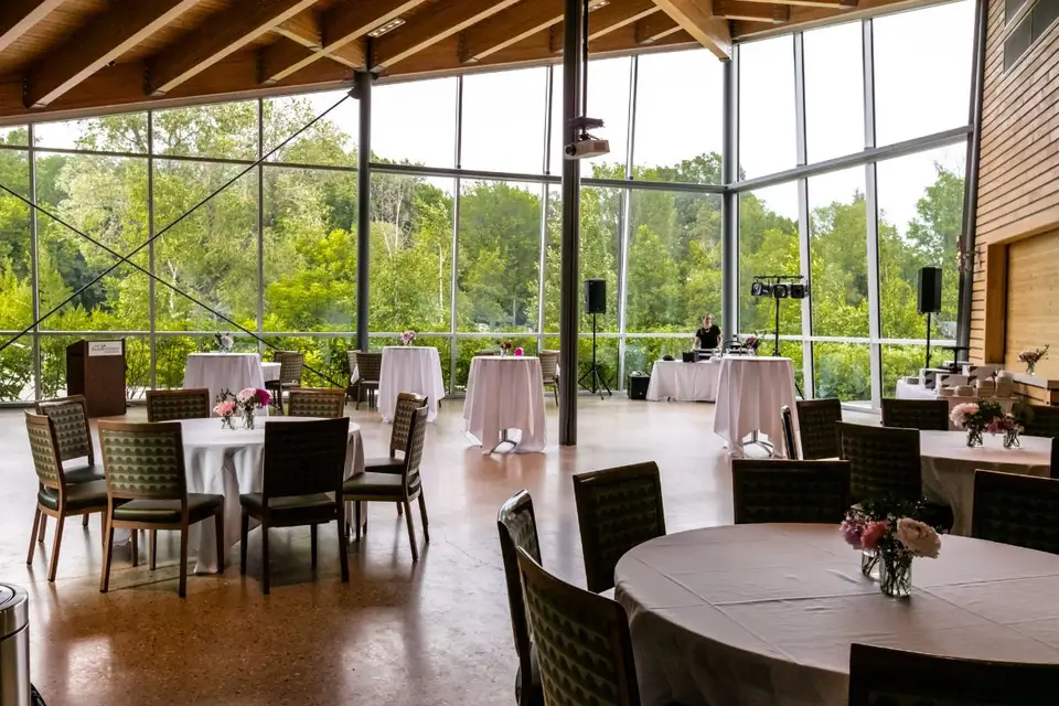 Glass-walled wedding reception space at Assiniboine Park in Winnipeg