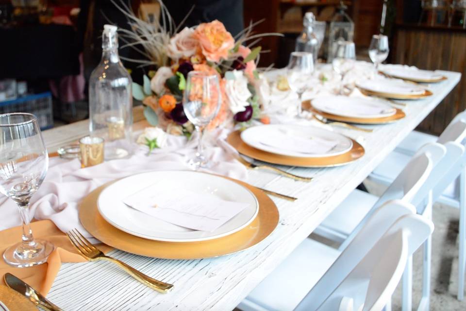 White barn wood harvest tables