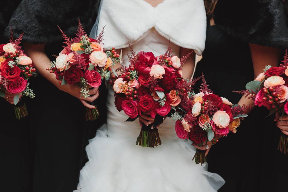Burgundy and peach bouquets