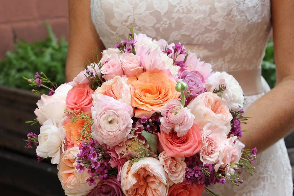 Coral blush and purple bouquet