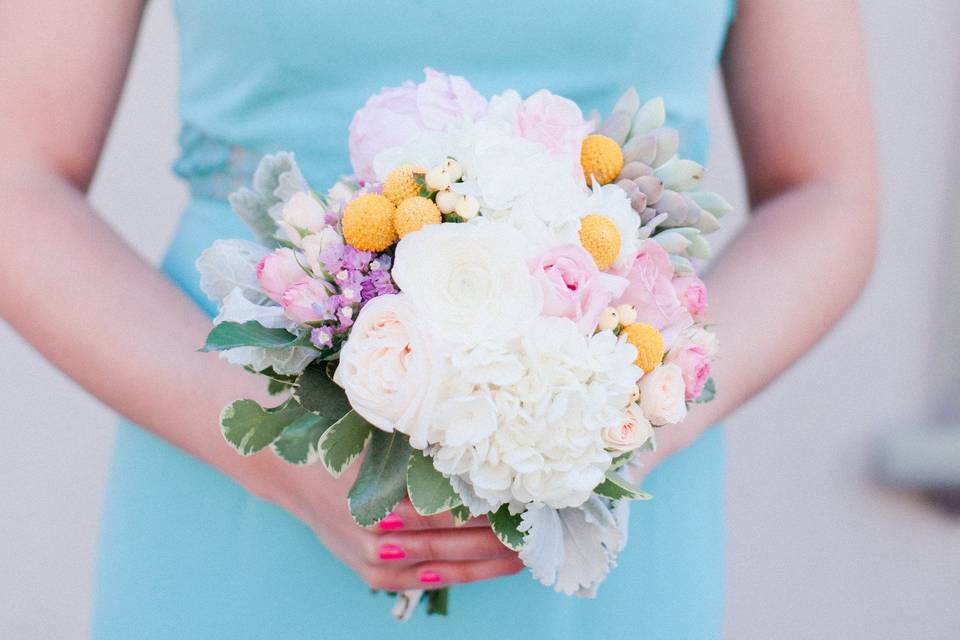 Pink & Yellow Bouquet with Mint Dress | Dandie Andie Floral Designs.jpg