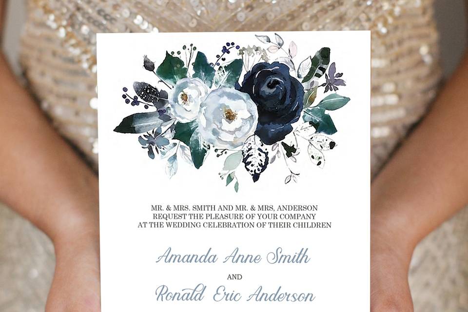 Navy Wedding Invite - Floral