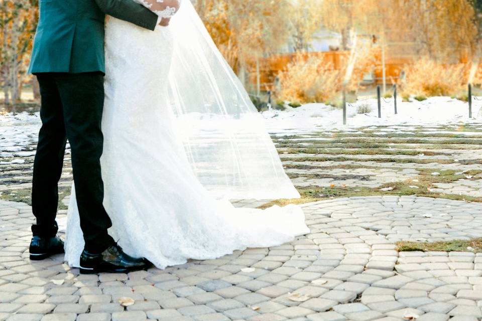 Bride and groom pose