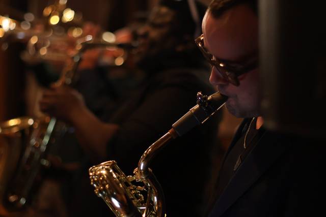Close up of bari sax-player