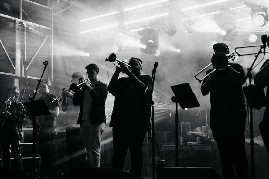 Band on stage B&W