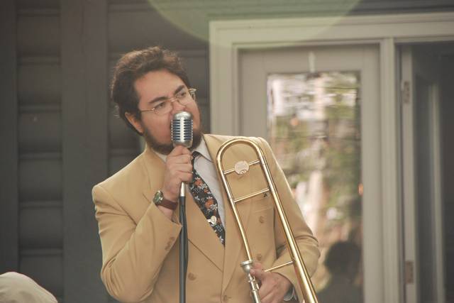 Closeup of singer with trombon