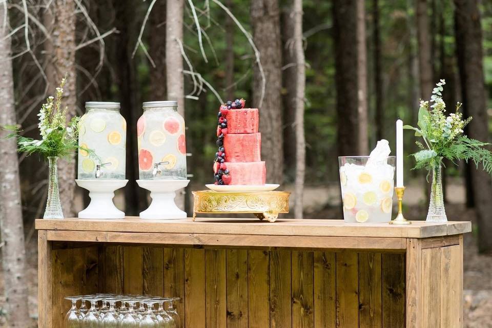 Rustic bar, juice dispensers