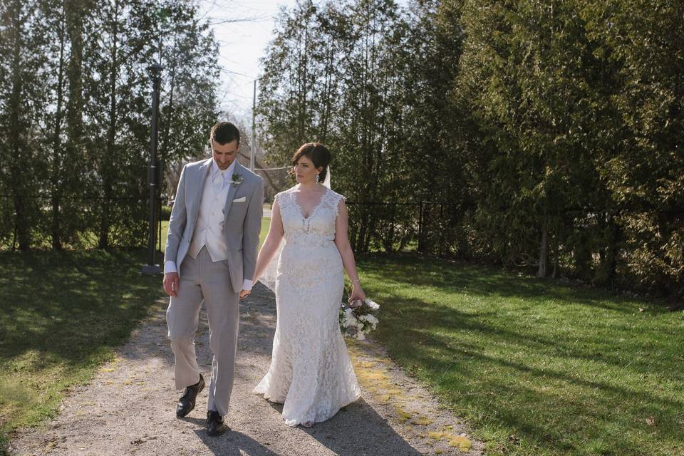 Bride and groom walking