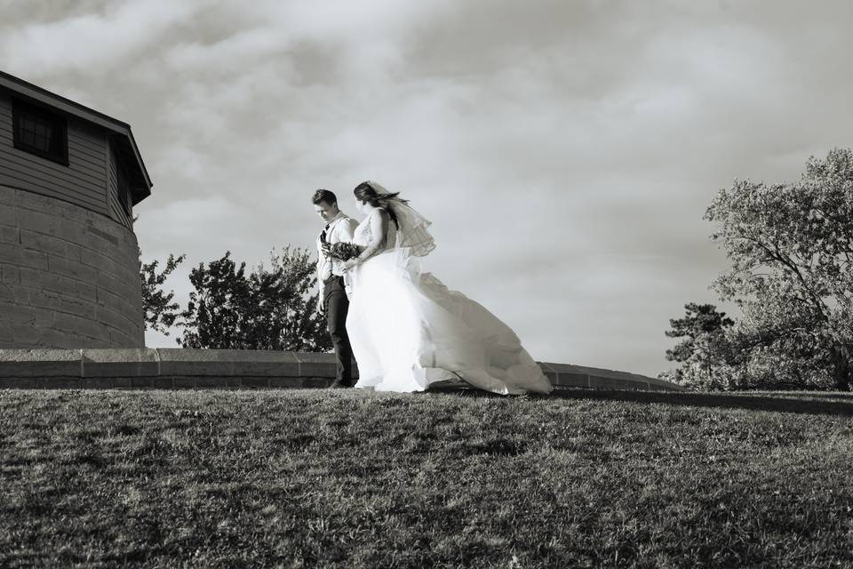Bride and groom walking