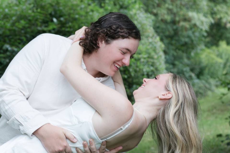 Bride and groom laughing