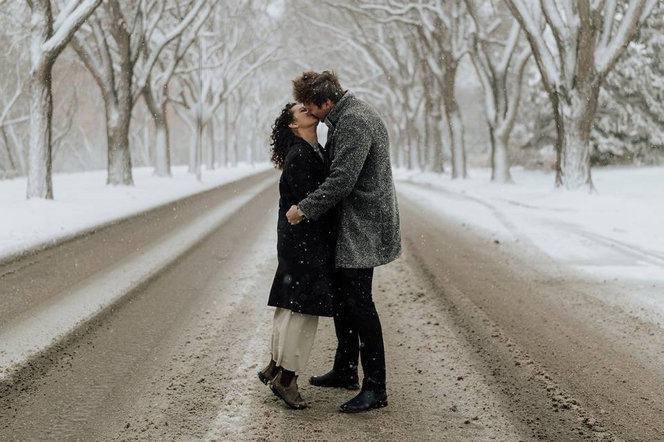 Winter engaged couple