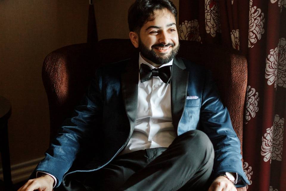 A hotel portrait of the groom