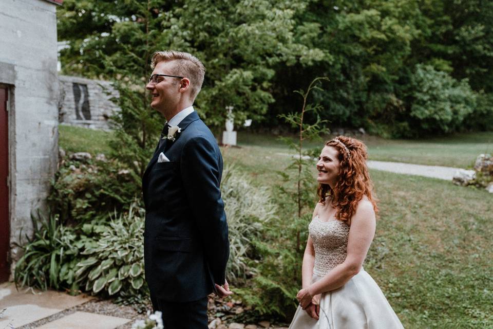 Bride and groom holding hands